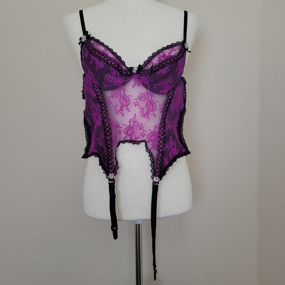 VTG Fredericks of Hollywood Purple Lace Bustier Corset Garter Straps 34 READ 80s